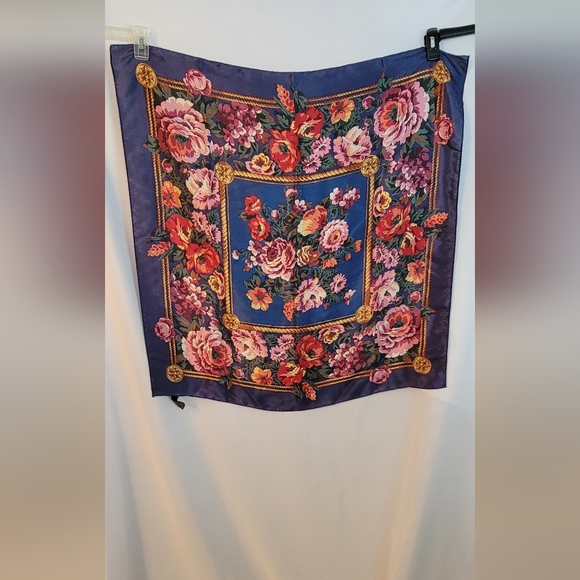 no name Accessories - Vintage Scarf Navy Blue w/Pink Flowers